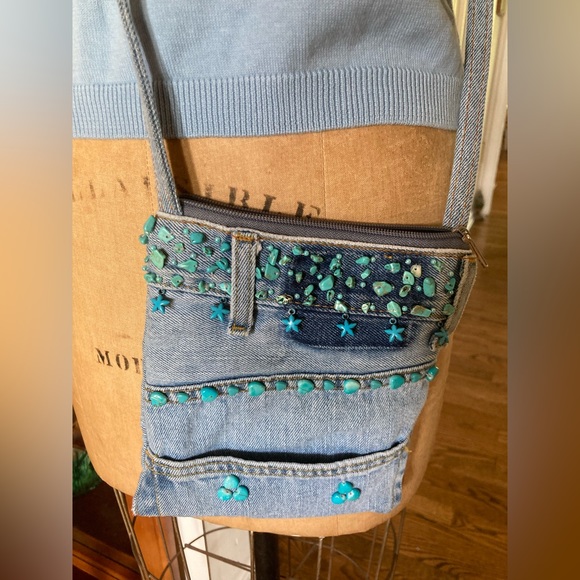 Boho Chic CROSSBODY HANDBAG Upcycled Blue Jean  Turquoise Embellishments NEW! - Picture 8 of 8